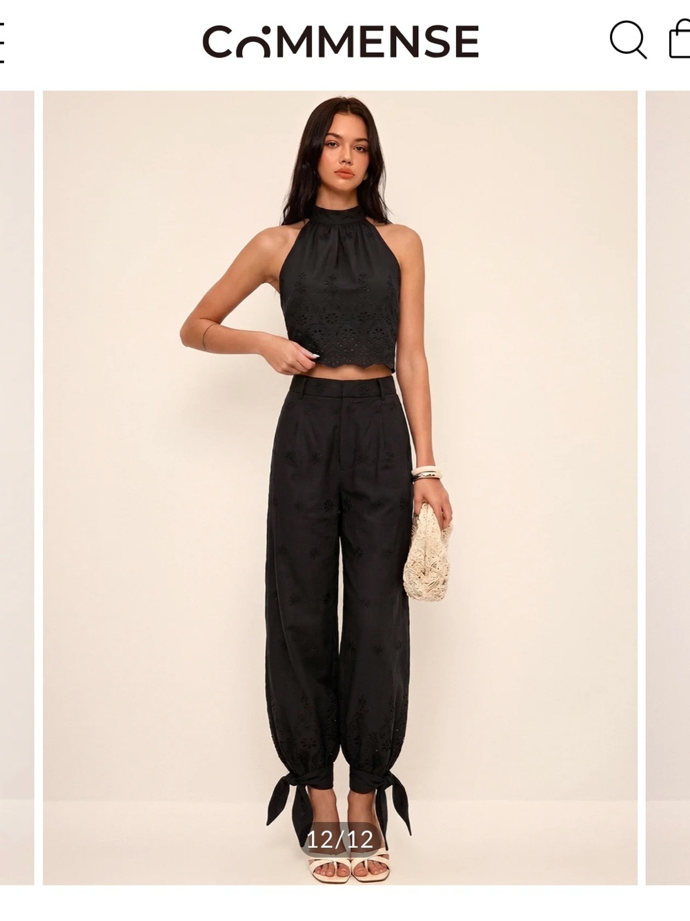 Commense Black Eyelet Embroidery Halter Top & Tie-Cuff Wide Leg Pants